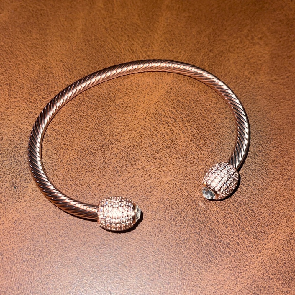 18K Gold Plated Over Brass Rose Gold Cuff Bangle with Cubic Zirconinum